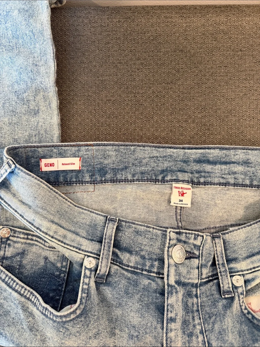 True Religion Acid Wash Blue Moto Jeans with Ribbed Knee
